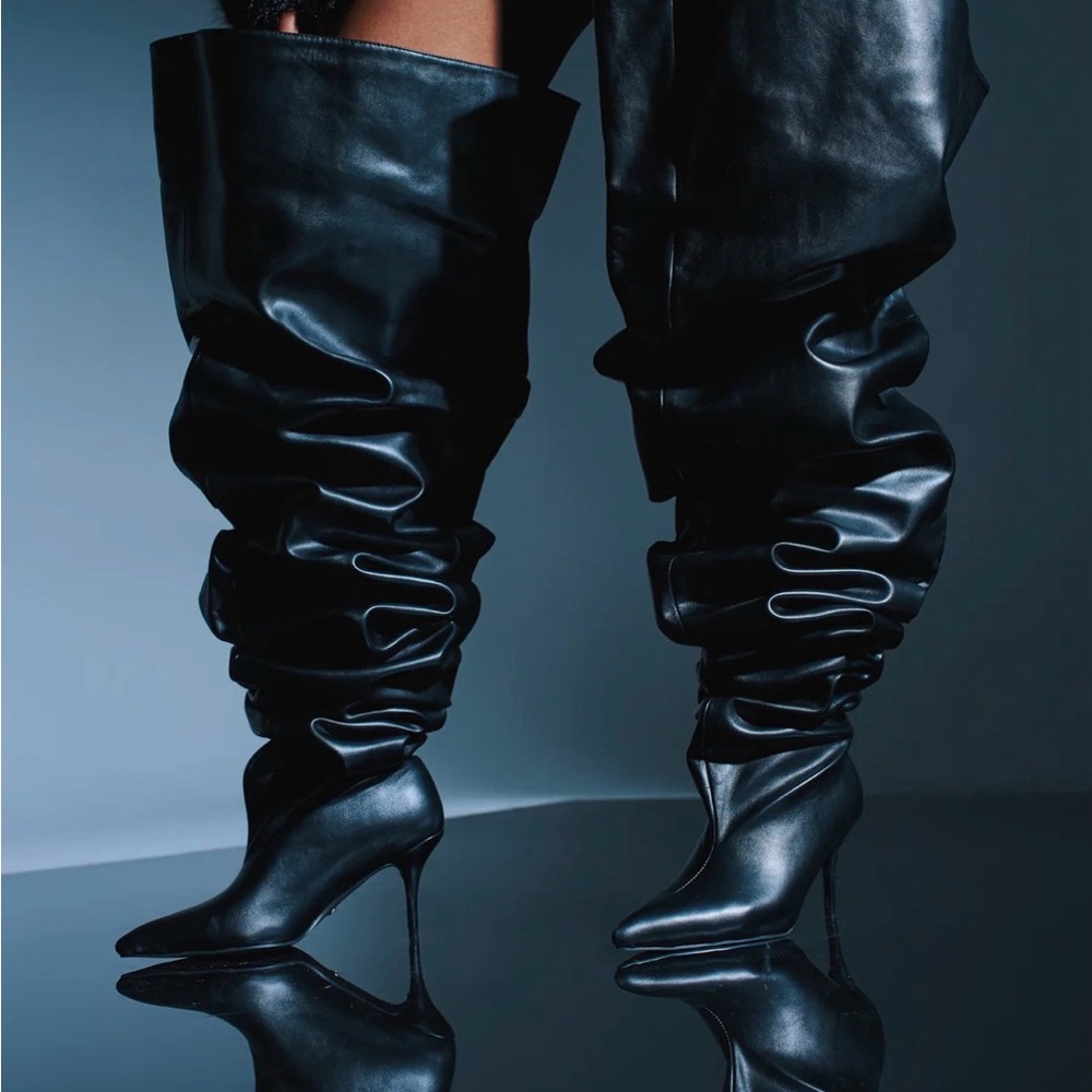 Over-the-Knee Slouch Leather Stiletto Boots - Black